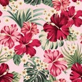 seamless pattern Exotic hawaiian tropical flowers on pink background